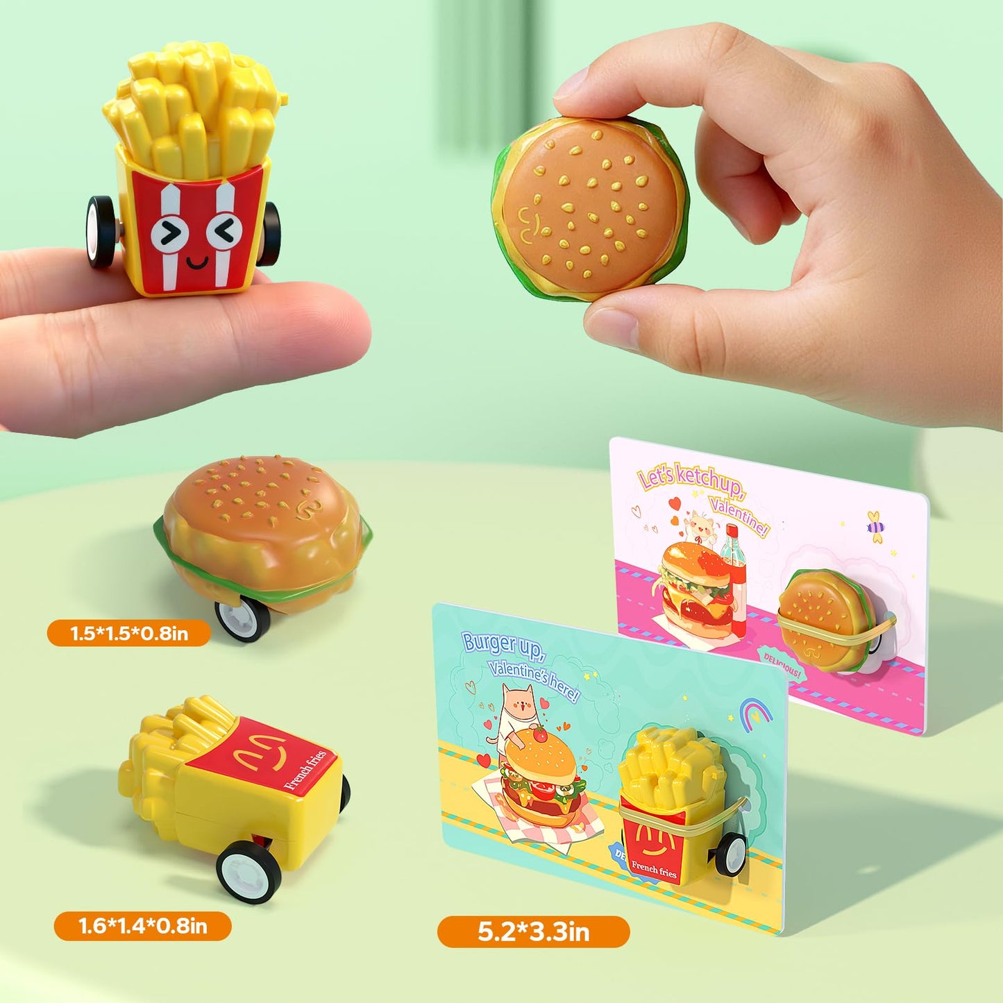 Feltom 28-Pack Valentine’s Day Kids Toy Set – Pull-Back Burger Cars & Cards