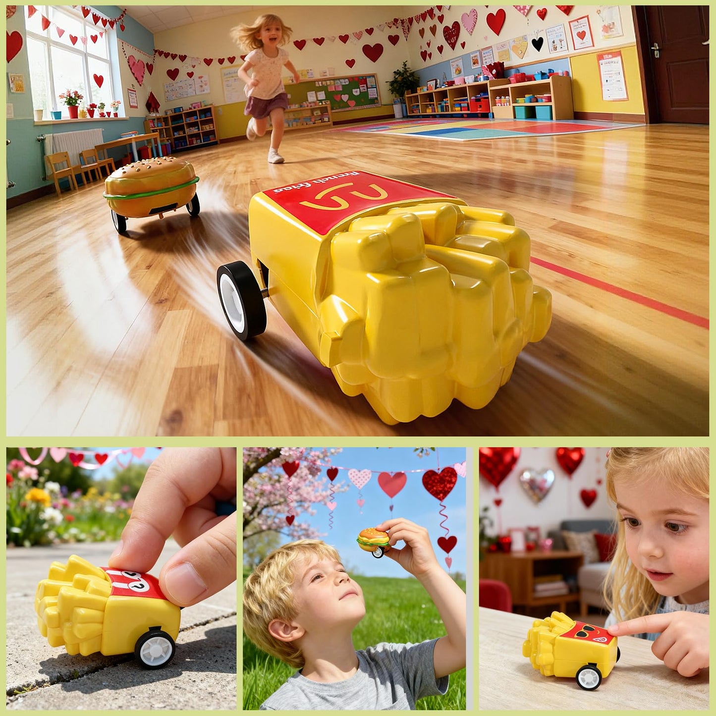 Feltom 28-Pack Valentine’s Day Kids Toy Set – Pull-Back Burger Cars & Cards
