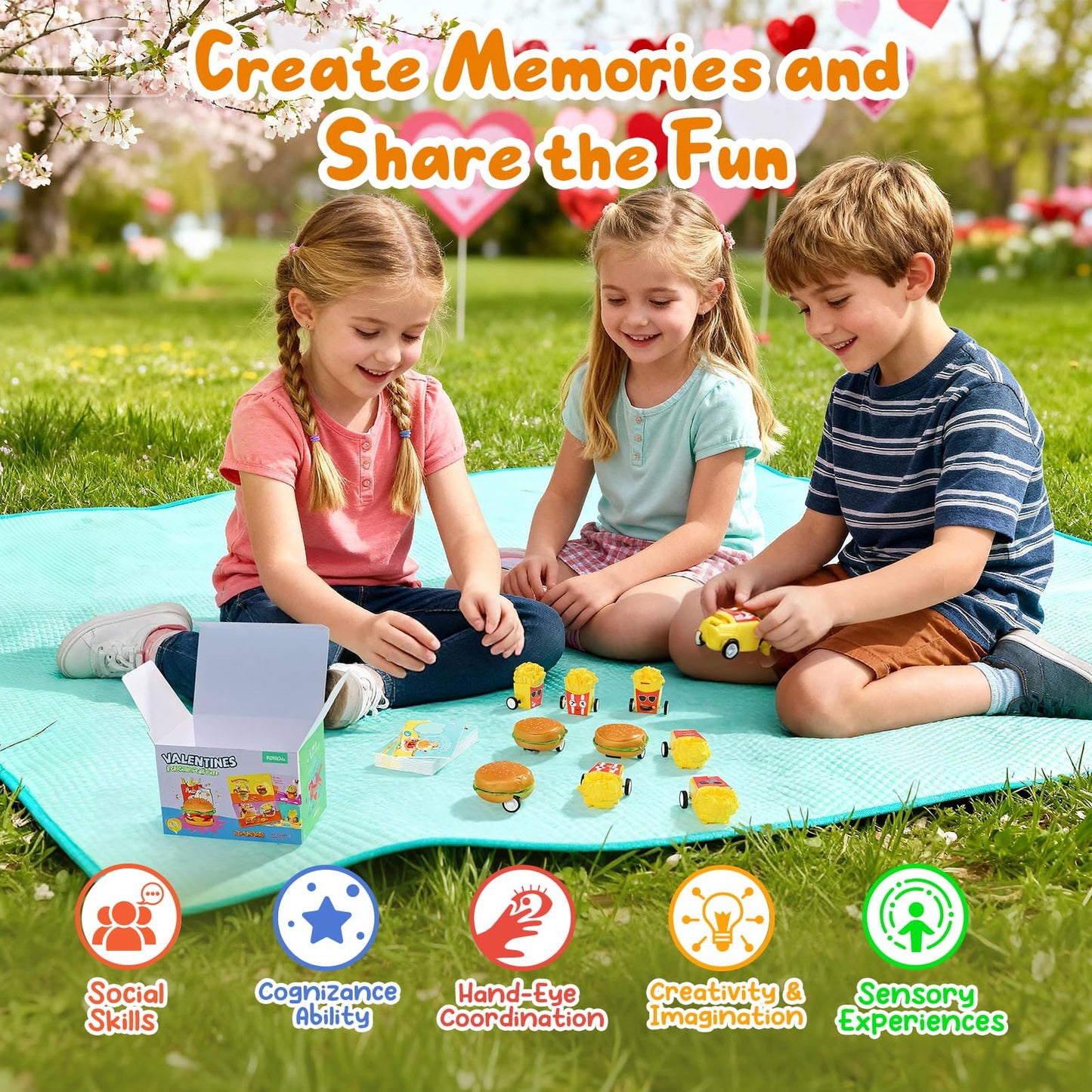 Feltom 28-Pack Valentine’s Day Kids Toy Set – Pull-Back Burger Cars & Cards
