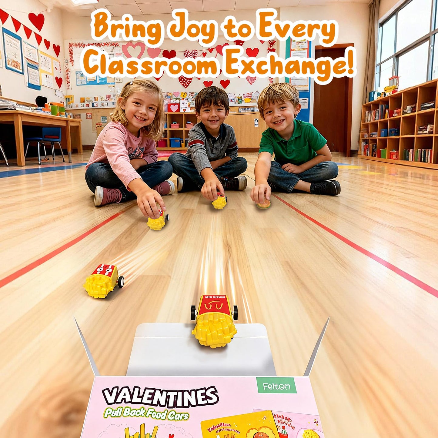 Feltom 28-Pack Valentine’s Day Kids Toy Set – Pull-Back Burger Cars & Cards