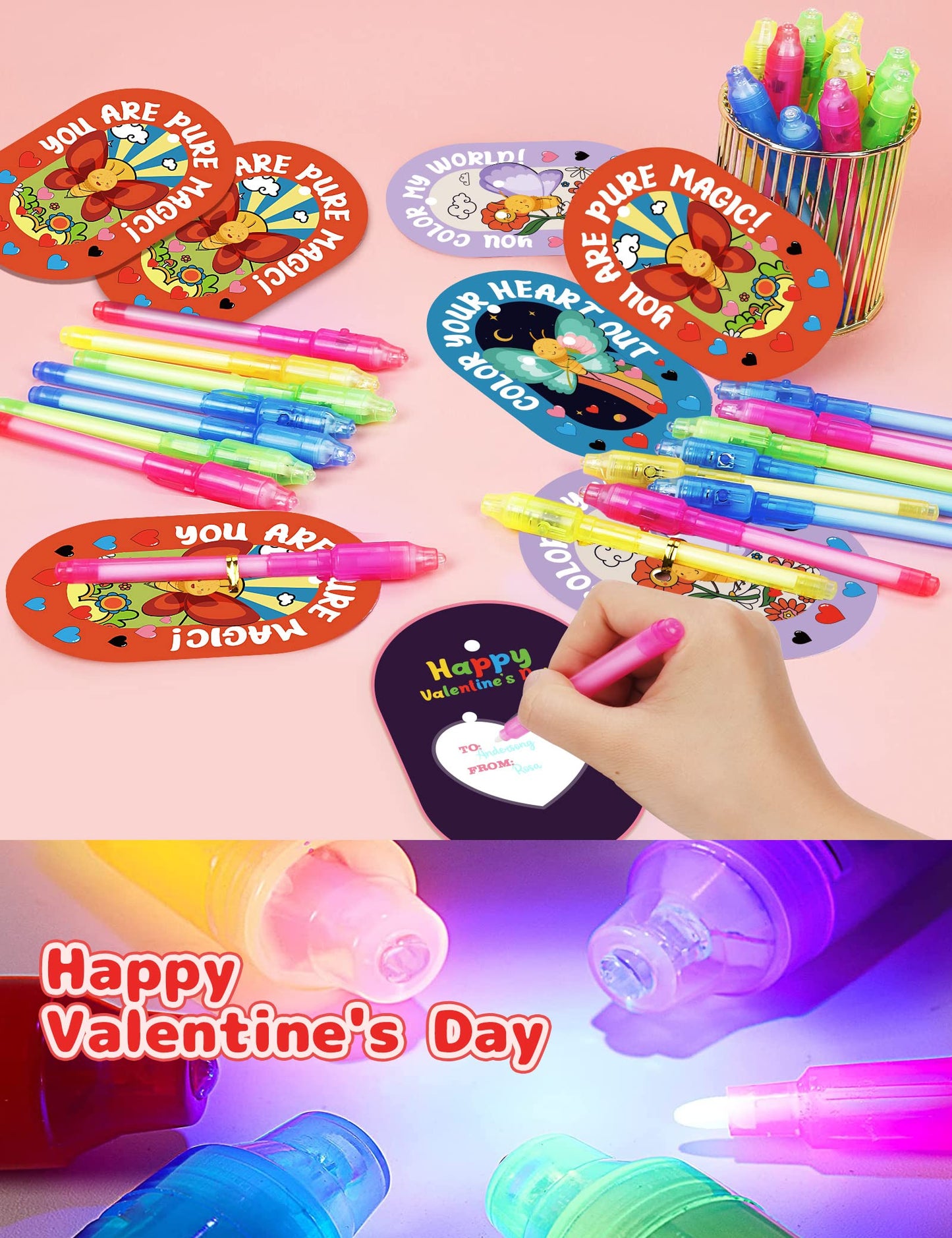 Feltom 28-Pack Valentines Gifts for Kids – Invisible Ink Spy Pens & Cards