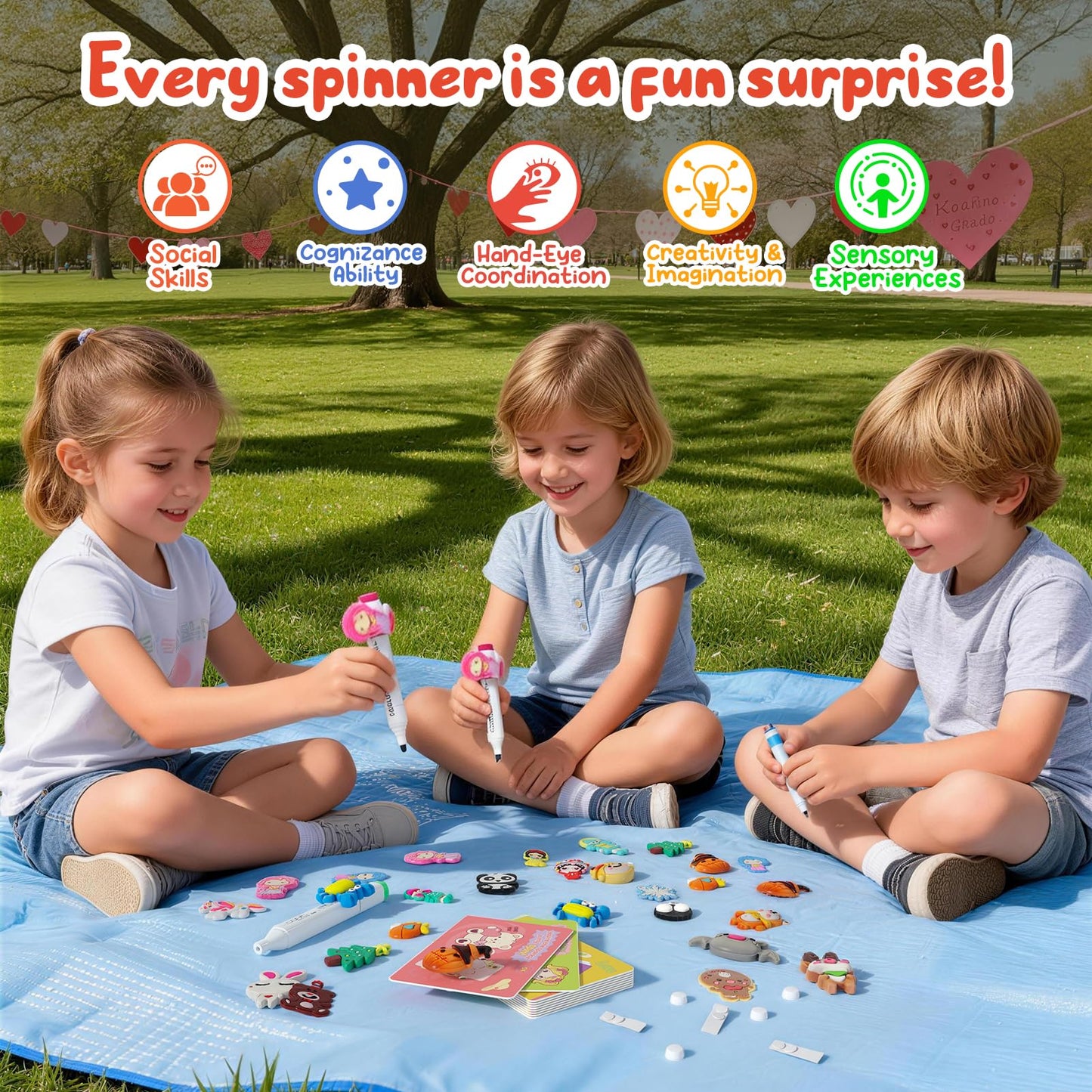 Feltom 30-Pack Valentines Gift Set for Kids | Fidget Spinner Pencil Top Toys & Cards