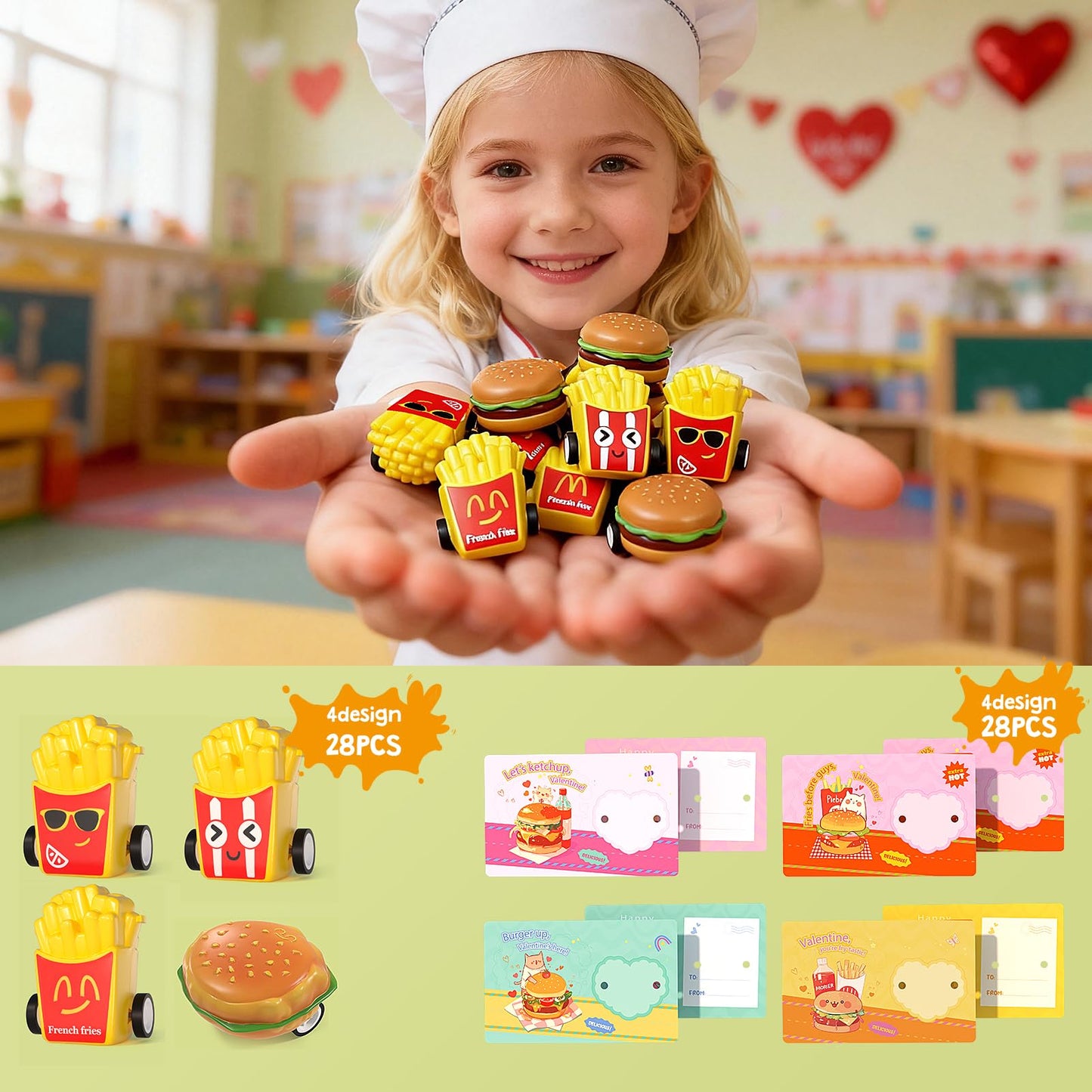 Feltom 28-Pack Valentine’s Day Kids Toy Set – Pull-Back Burger Cars & Cards