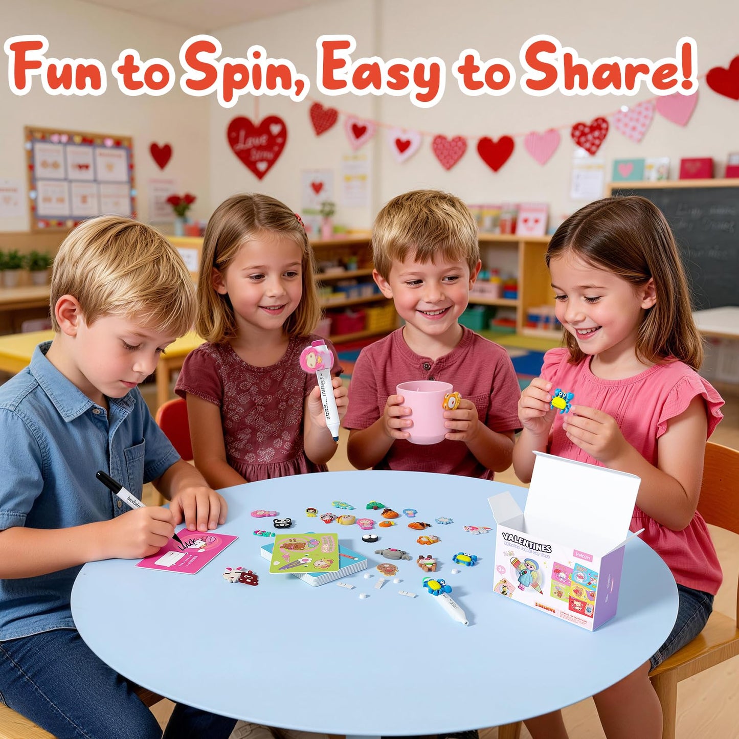 Feltom 30-Pack Valentines Gift Set for Kids | Fidget Spinner Pencil Top Toys & Cards