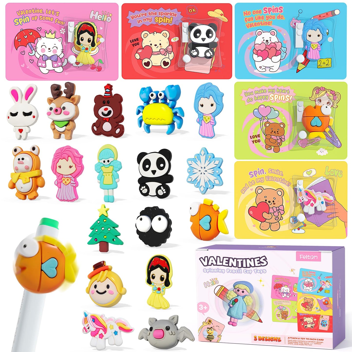 Feltom 30-Pack Valentines Gift Set for Kids | Fidget Spinner Pencil Top Toys & Cards