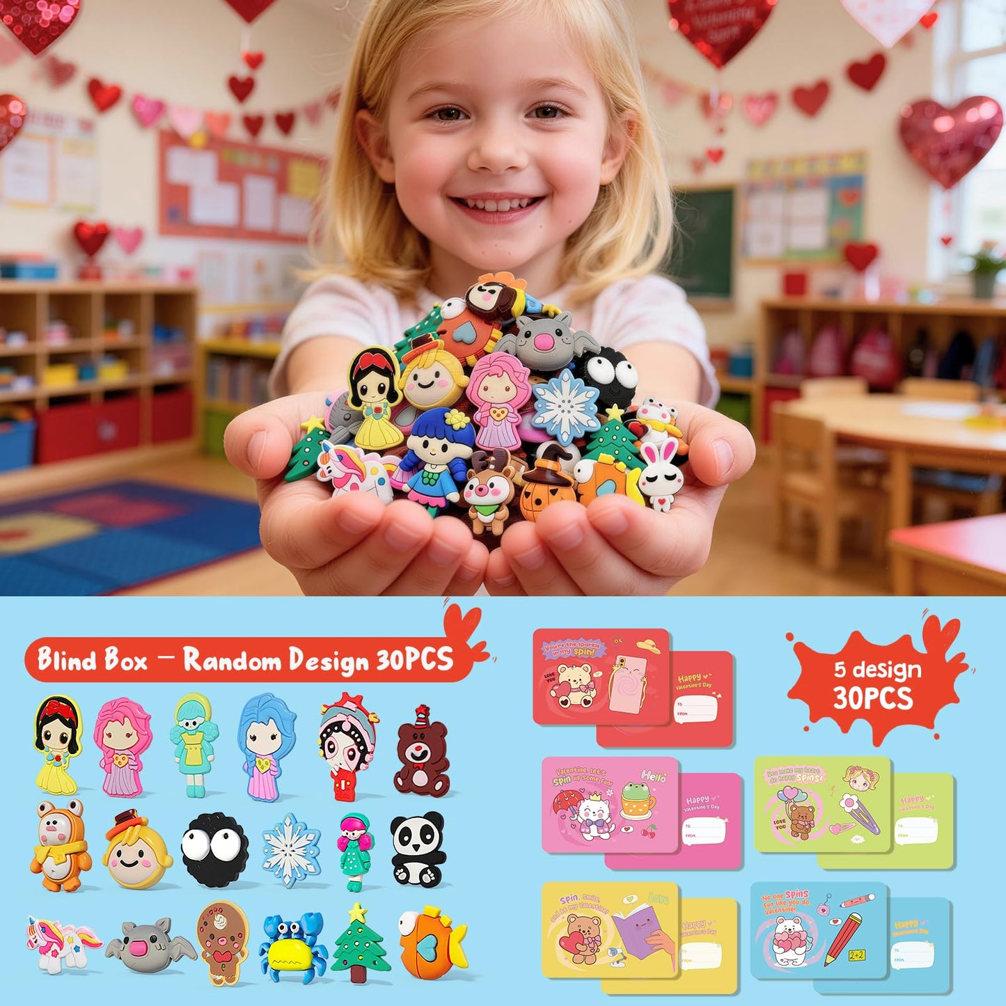 Feltom 30-Pack Valentines Gift Set for Kids | Fidget Spinner Pencil Top Toys & Cards
