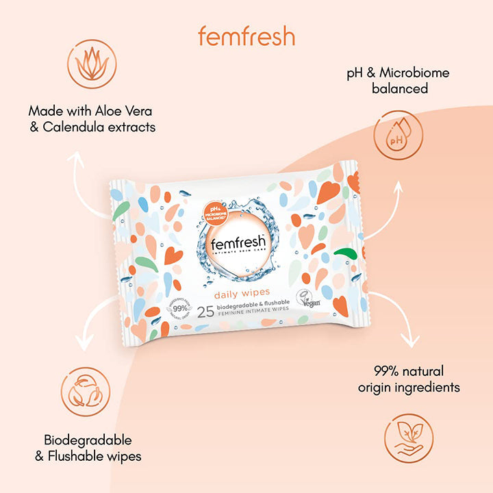 Femfresh 25 Daily Intimate Wipes for pH-Balanced Freshness & Gentle Cleansing (Pack of 25)