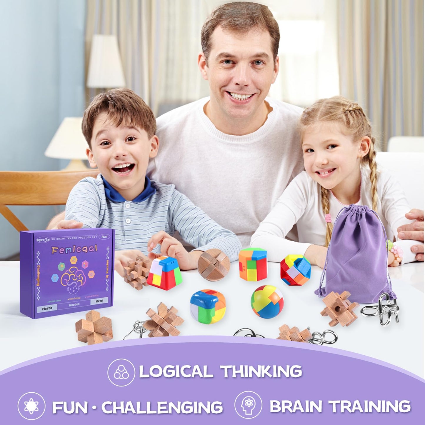 Femicgal Brain Teaser Puzzles Set – 18Pcs Multi-Material Mind Games for All Ages