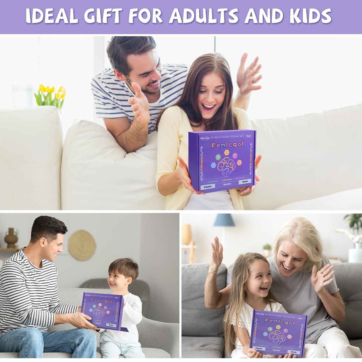 Femicgal Brain Teaser Puzzles Set – 18Pcs Multi-Material Mind Games for All Ages