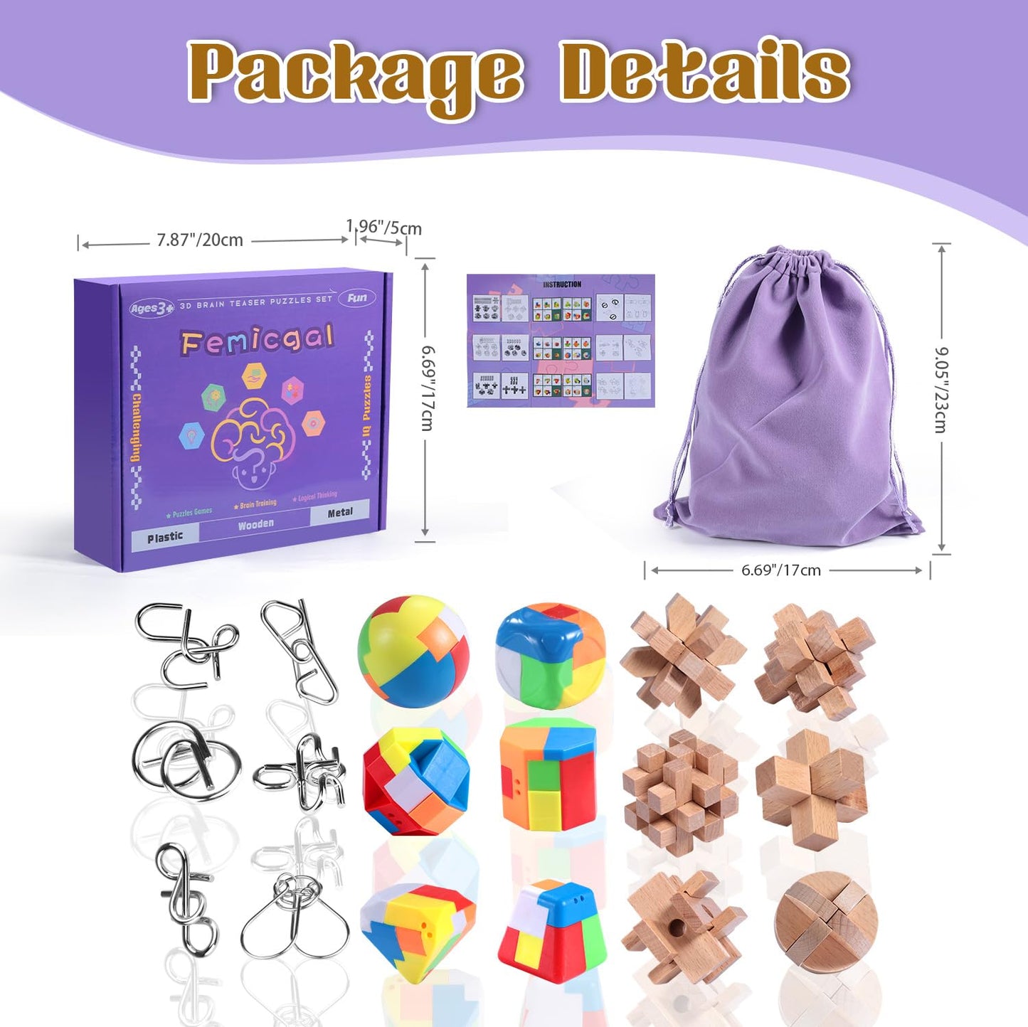 Femicgal Brain Teaser Puzzles Set – 18Pcs Multi-Material Mind Games for All Ages