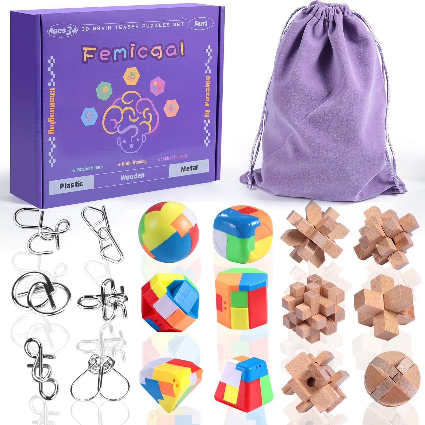 Femicgal Brain Teaser Puzzles Set – 18Pcs Multi-Material Mind Games for All Ages