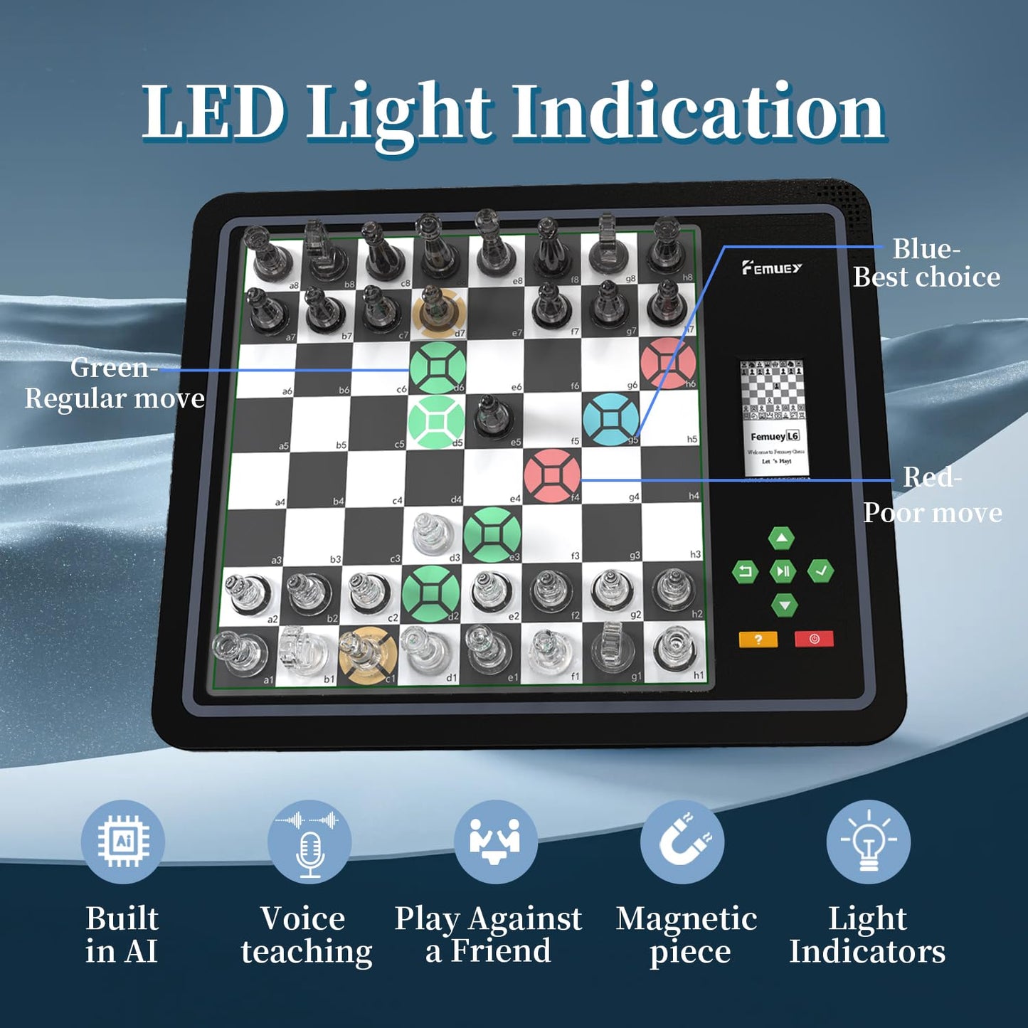 Femuey L6 Electronic Chess Set – Adaptive AI Opponent, Eye-Friendly Display, Travel-Ready