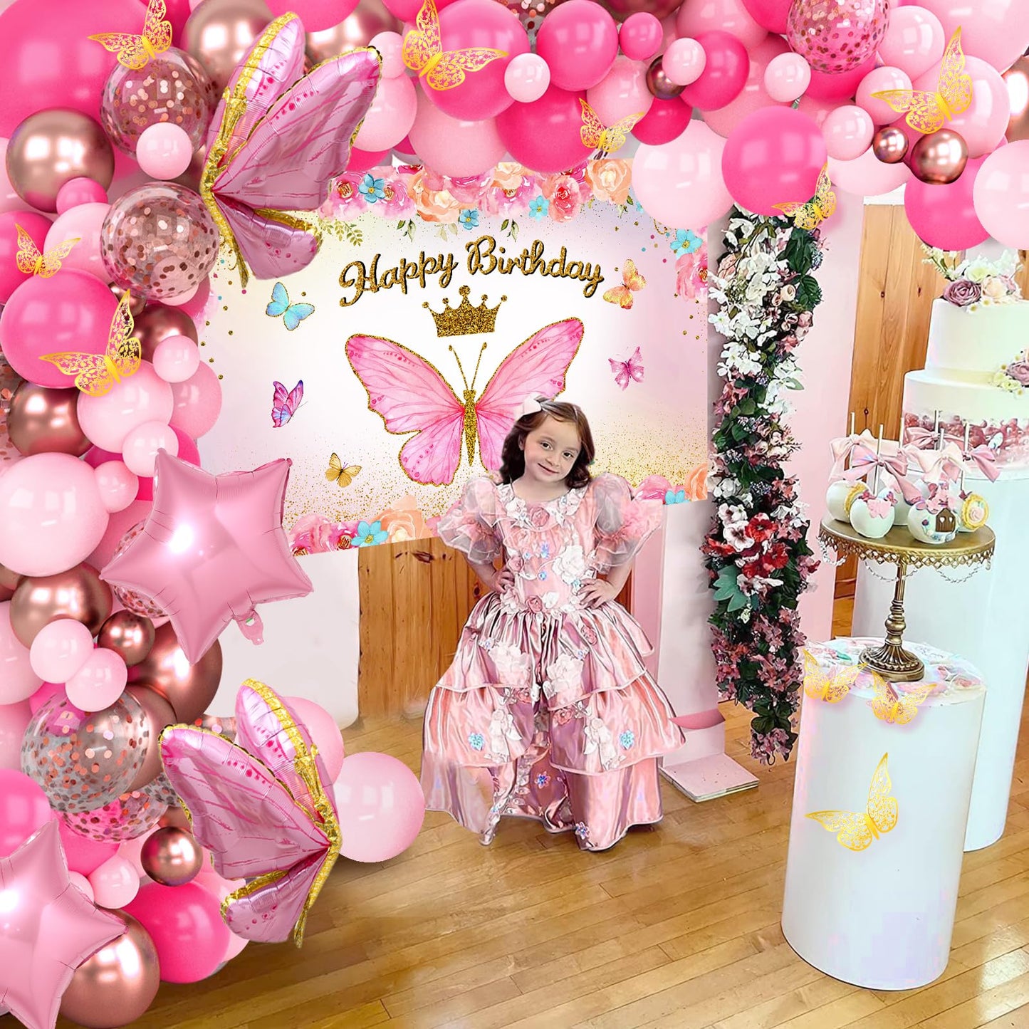 FengRise Pink Balloon Arch Kit – 106 Supplies for a Girl’s Birthday Party with Butterfly Balloons & Backdrop