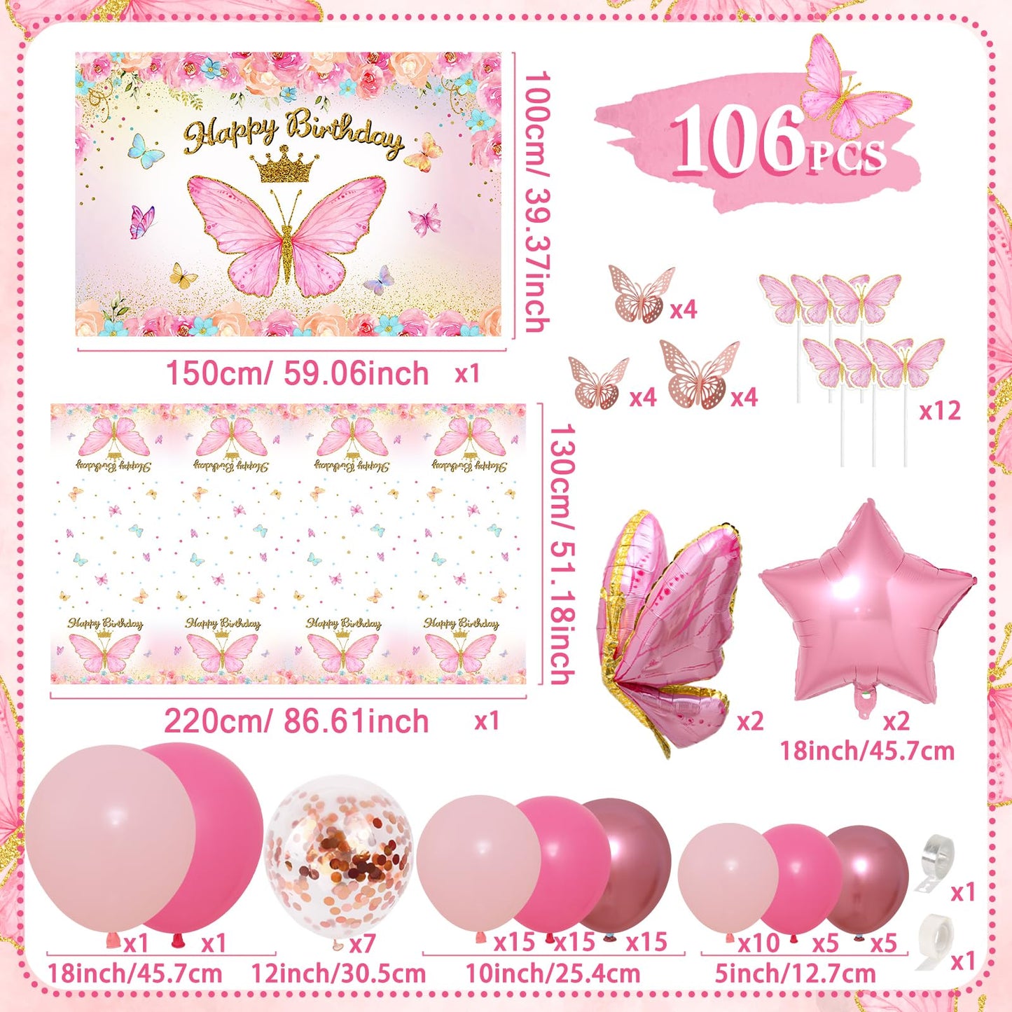FengRise Pink Balloon Arch Kit – 106 Supplies for a Girl’s Birthday Party with Butterfly Balloons & Backdrop