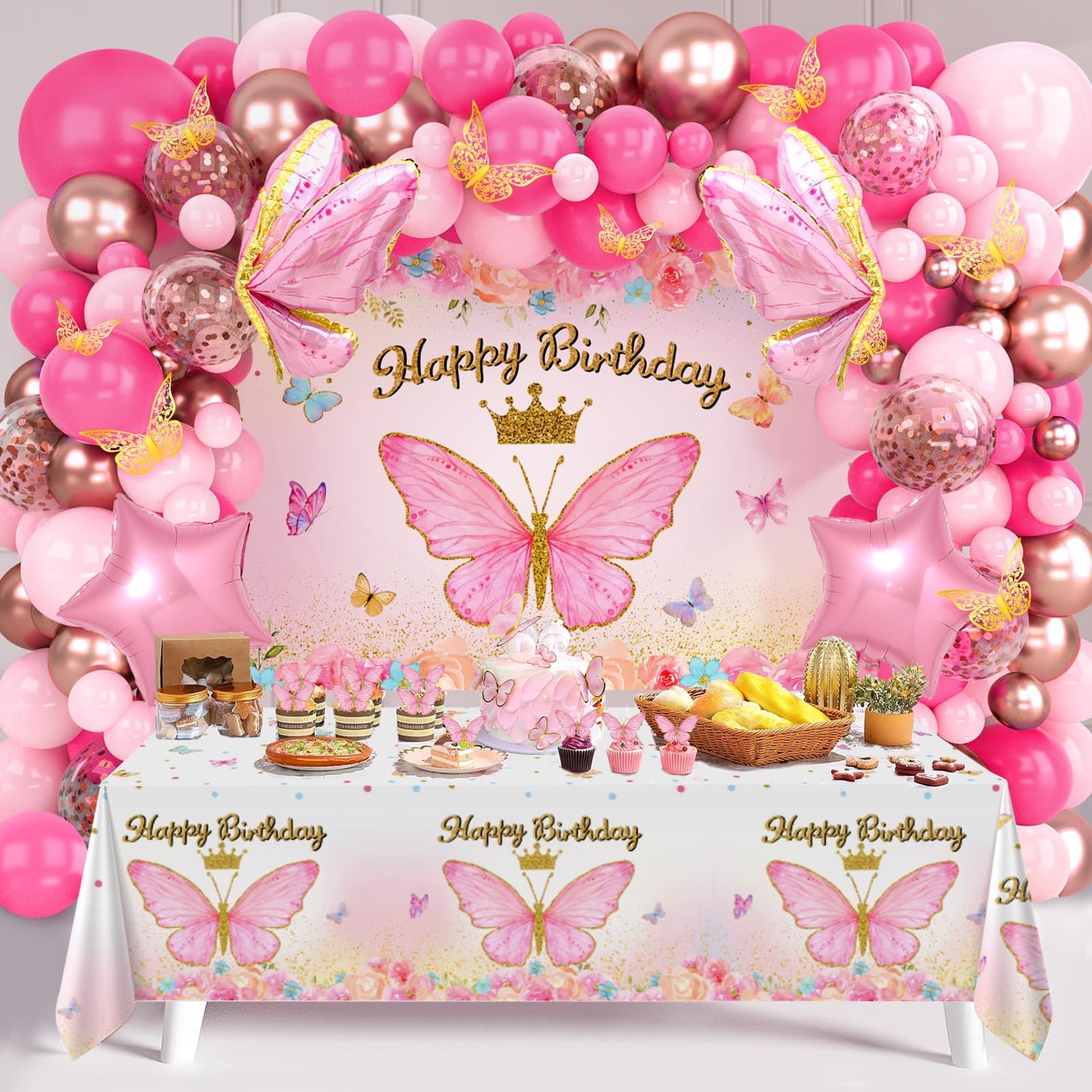 FengRise Pink Balloon Arch Kit – 106 Supplies for a Girl’s Birthday Party with Butterfly Balloons & Backdrop