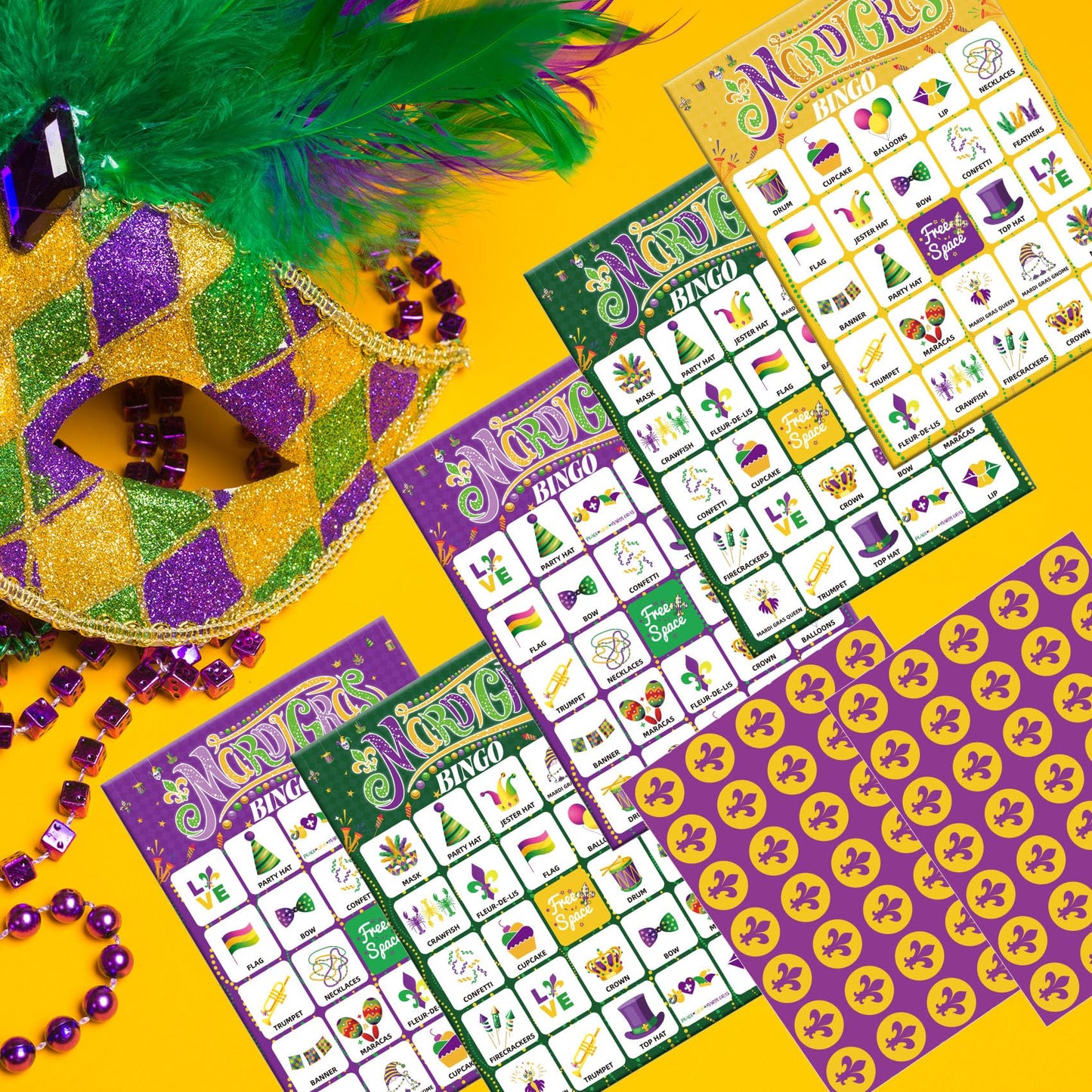 Fenkysoix Mardi Gras Bingo for Kids – 24 Cards, 385 Chips, 1 Caller | Classroom & Family Game Set