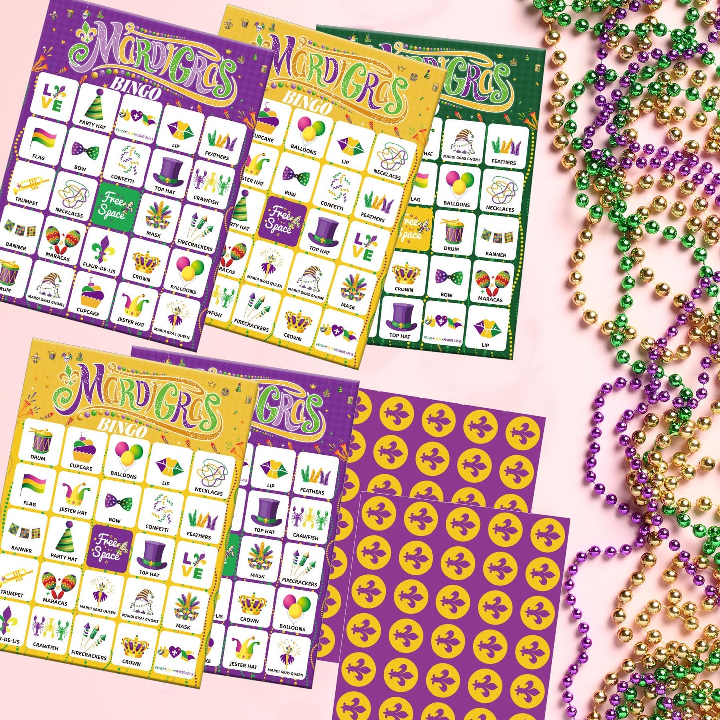 Fenkysoix Mardi Gras Bingo for Kids – 24 Cards, 385 Chips, 1 Caller | Classroom & Family Game Set