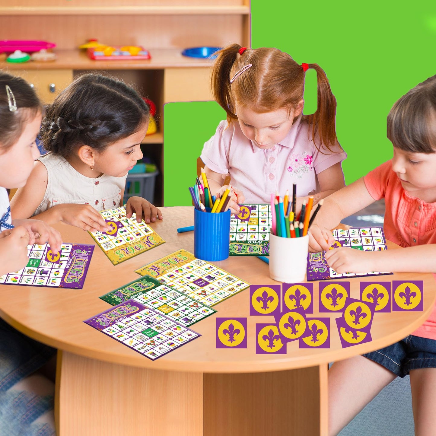 Fenkysoix Mardi Gras Bingo for Kids – 24 Cards, 385 Chips, 1 Caller | Classroom & Family Game Set