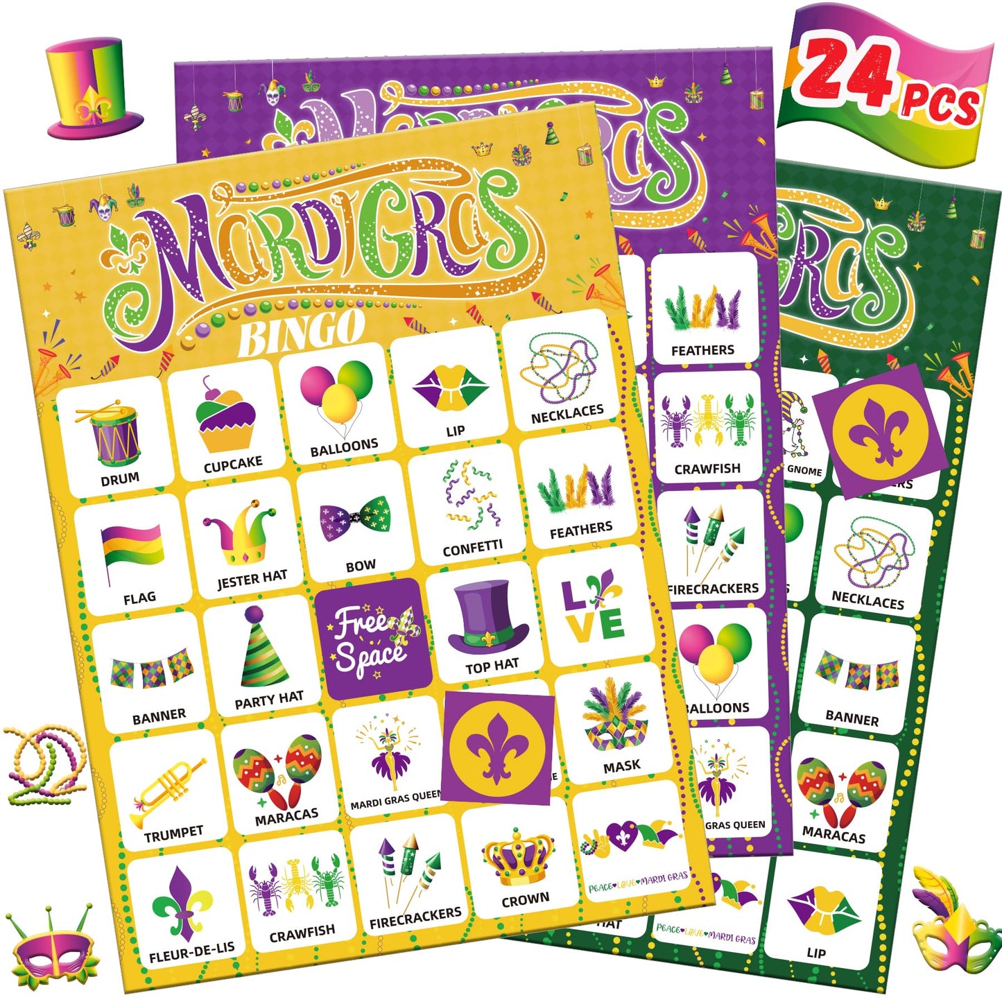 Fenkysoix Mardi Gras Bingo for Kids – 24 Cards, 385 Chips, 1 Caller | Classroom & Family Game Set