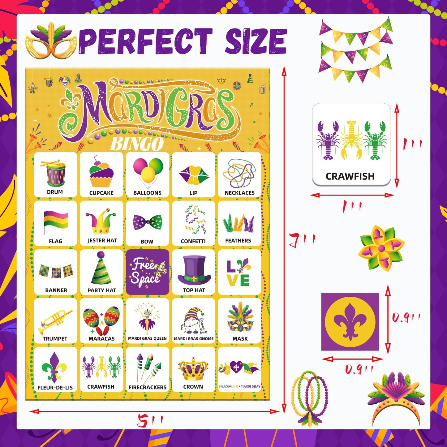 Fenkysoix Mardi Gras Bingo for Kids – 24 Cards, 385 Chips, 1 Caller | Classroom & Family Game Set