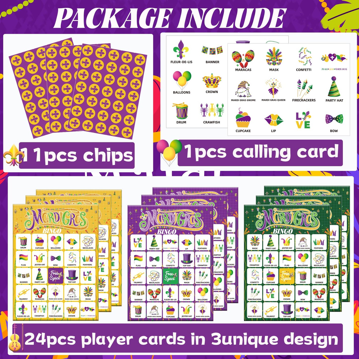 Fenkysoix Mardi Gras Bingo for Kids – 24 Cards, 385 Chips, 1 Caller | Classroom & Family Game Set