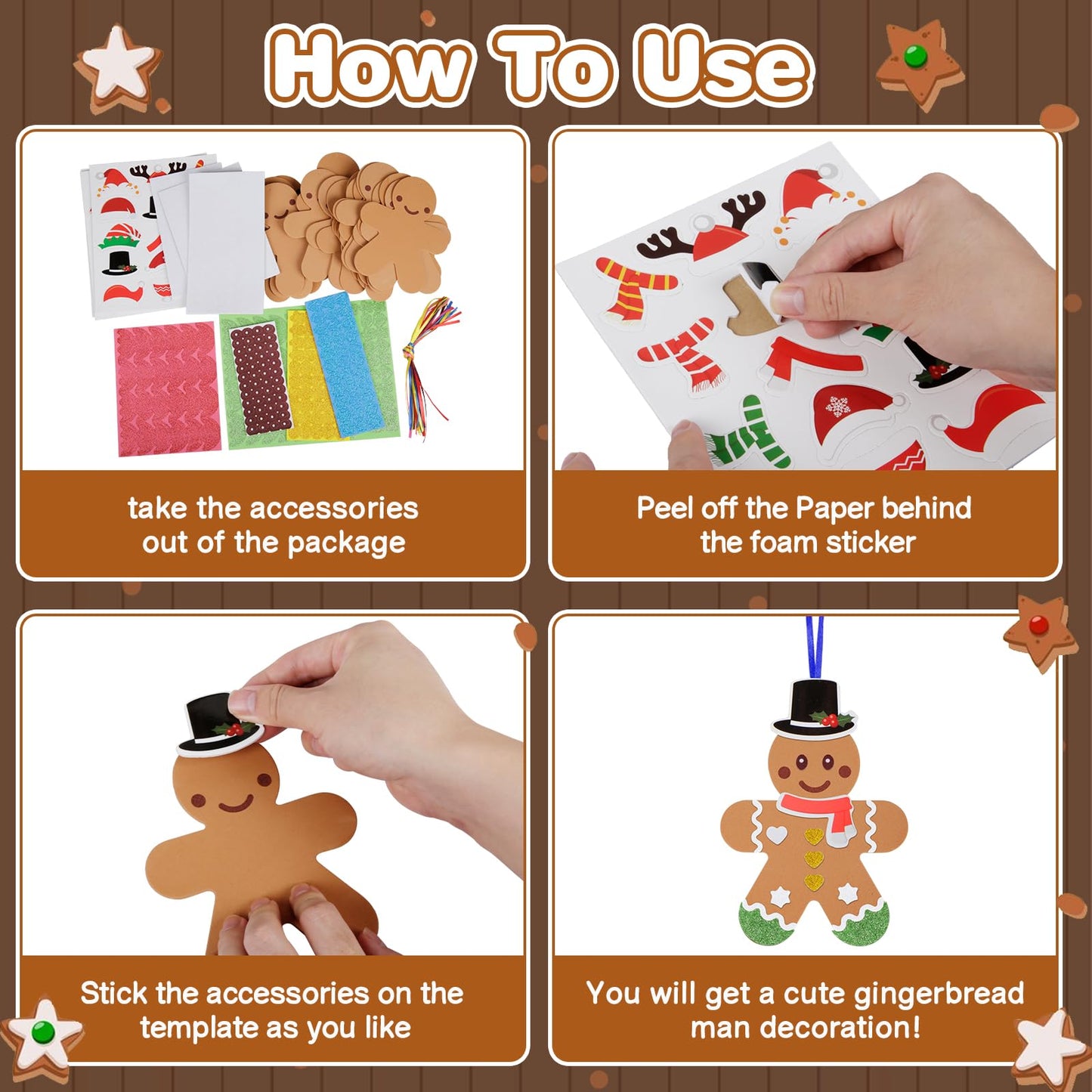 Fennoral 24 Pack Gingerbread Man Foam Stickers Craft Kit for Kids | DIY Christmas Ornaments