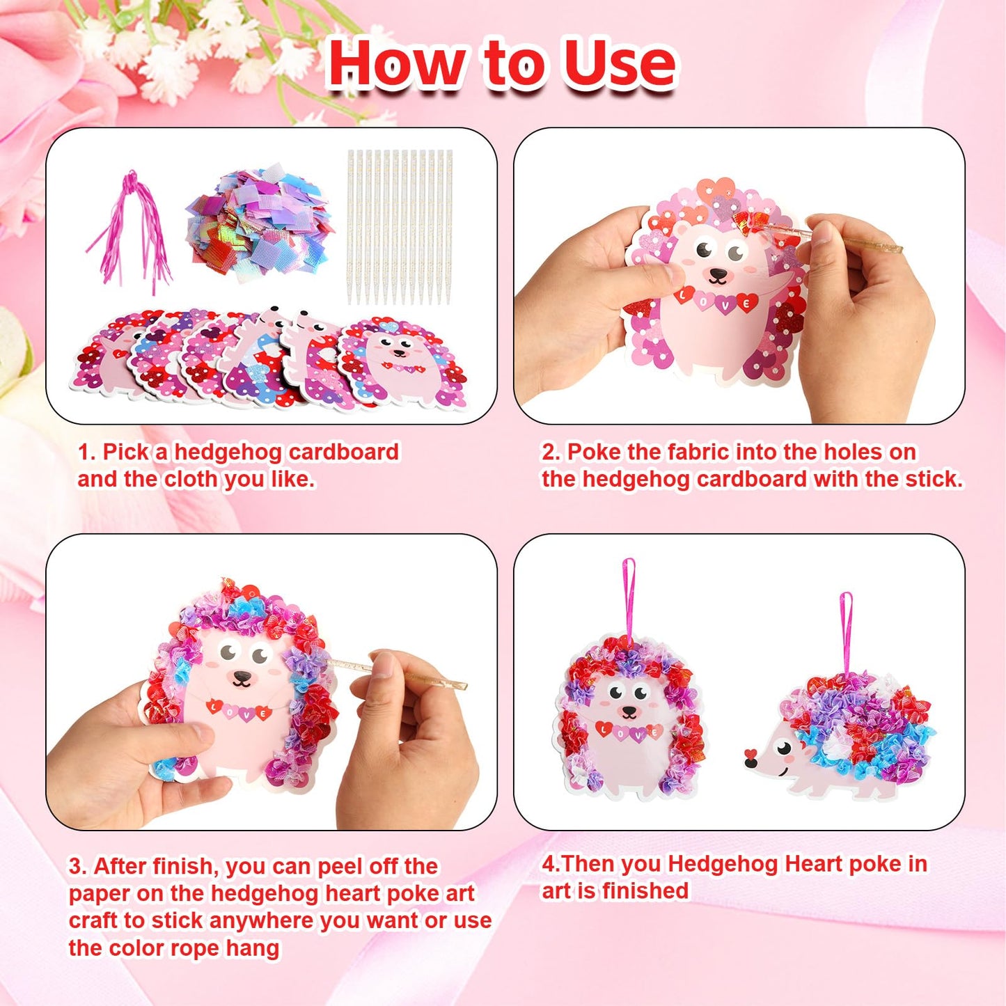 Fennoral 12 Pack Valentine Hedgehog Poke-In Craft Kits for Kids