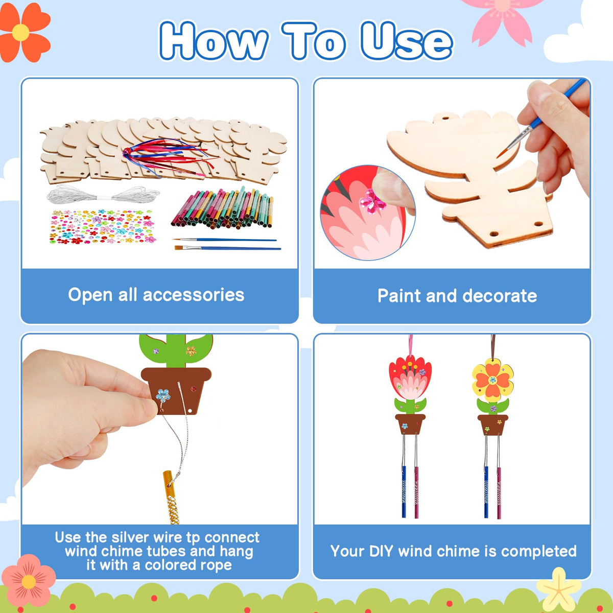 Fennoral 12 Pack Flower Wind Chime Craft Kit for Kids – DIY Wooden Ornaments