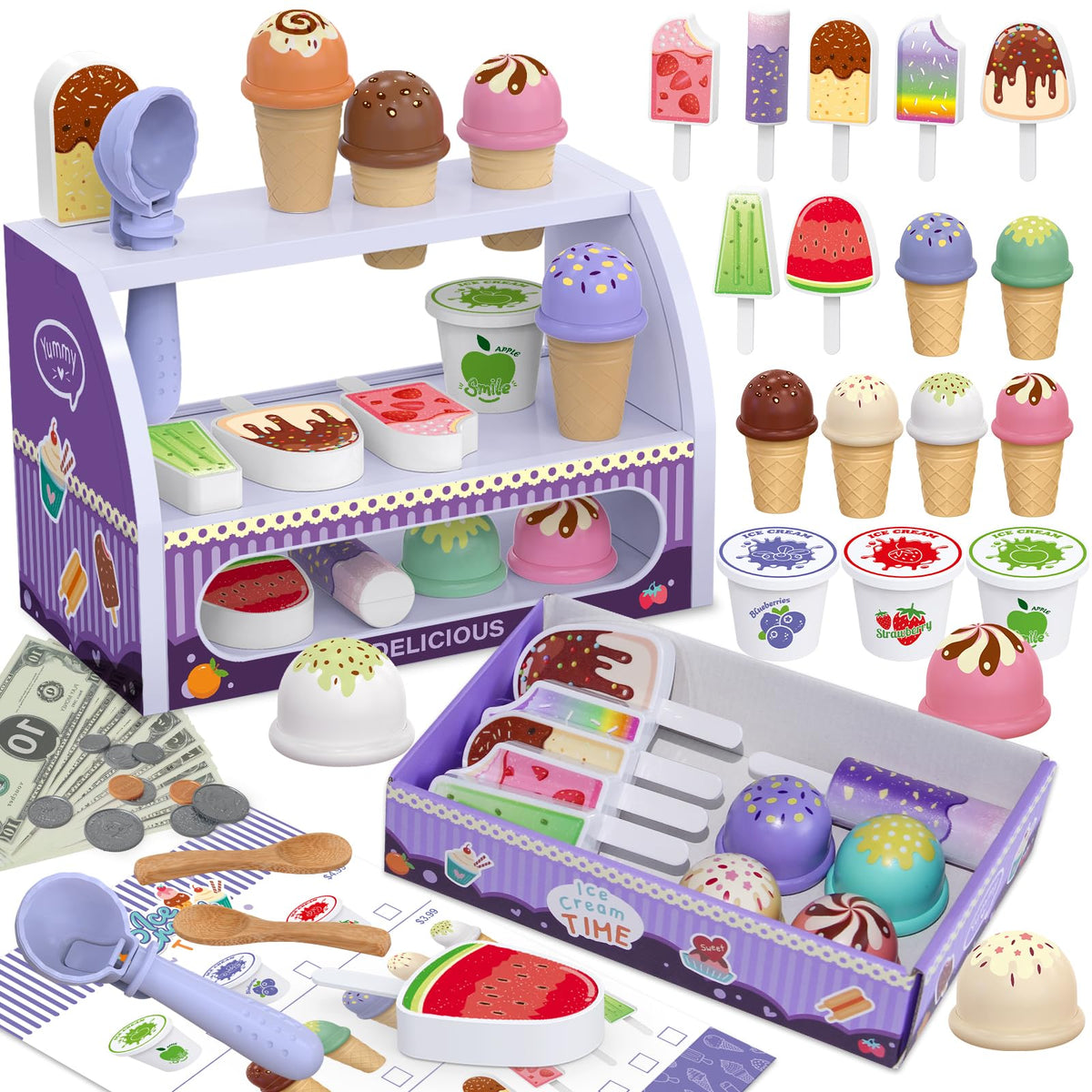 FENYAN Ice Cream Play Set - Pretend Store for Toddlers 3-8 - 47-Piece Educational Toy