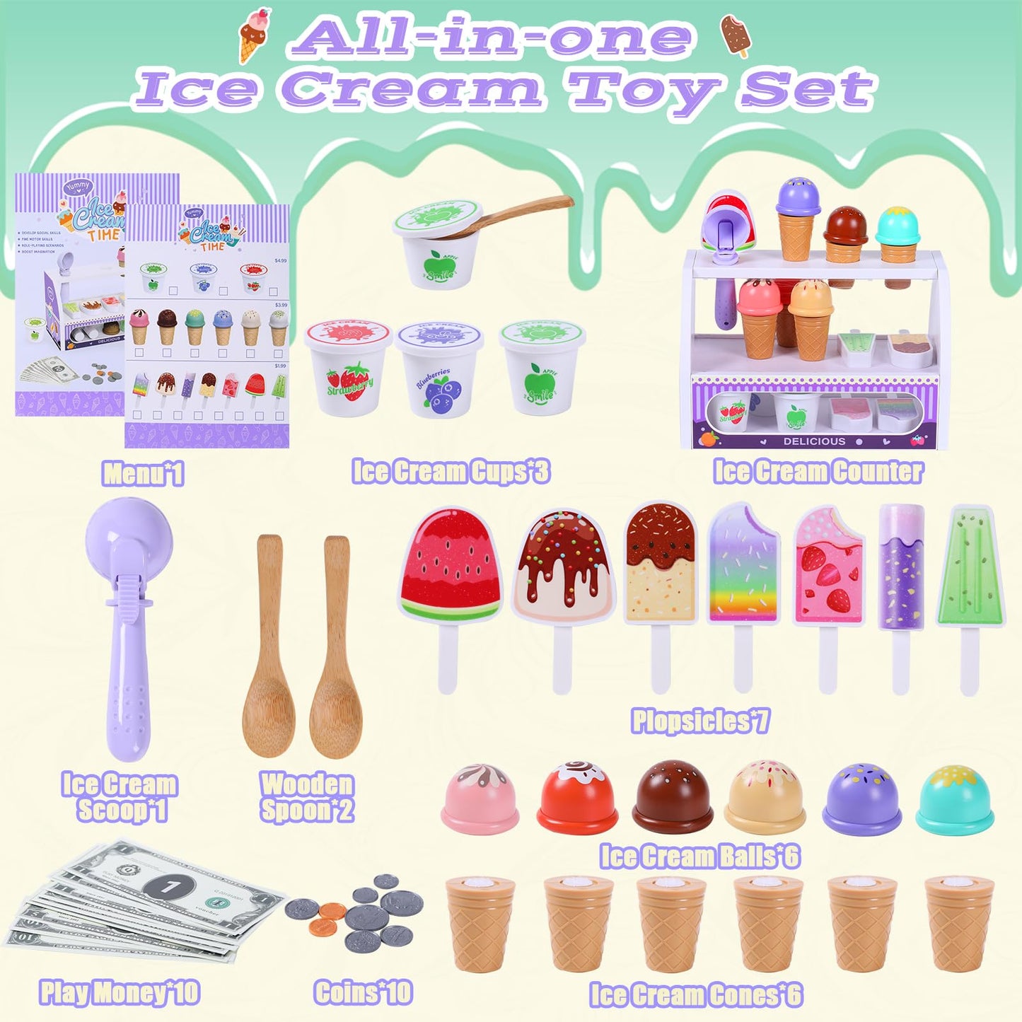 FENYAN Ice Cream Play Set - Pretend Store for Toddlers 3-8 - 47-Piece Educational Toy
