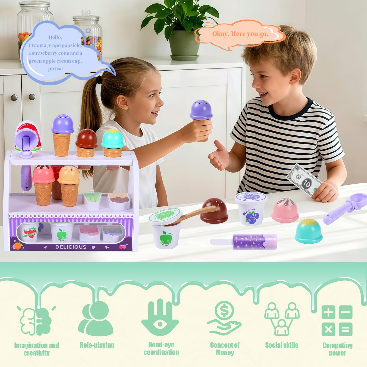 FENYAN Ice Cream Play Set - Pretend Store for Toddlers 3-8 - 47-Piece Educational Toy