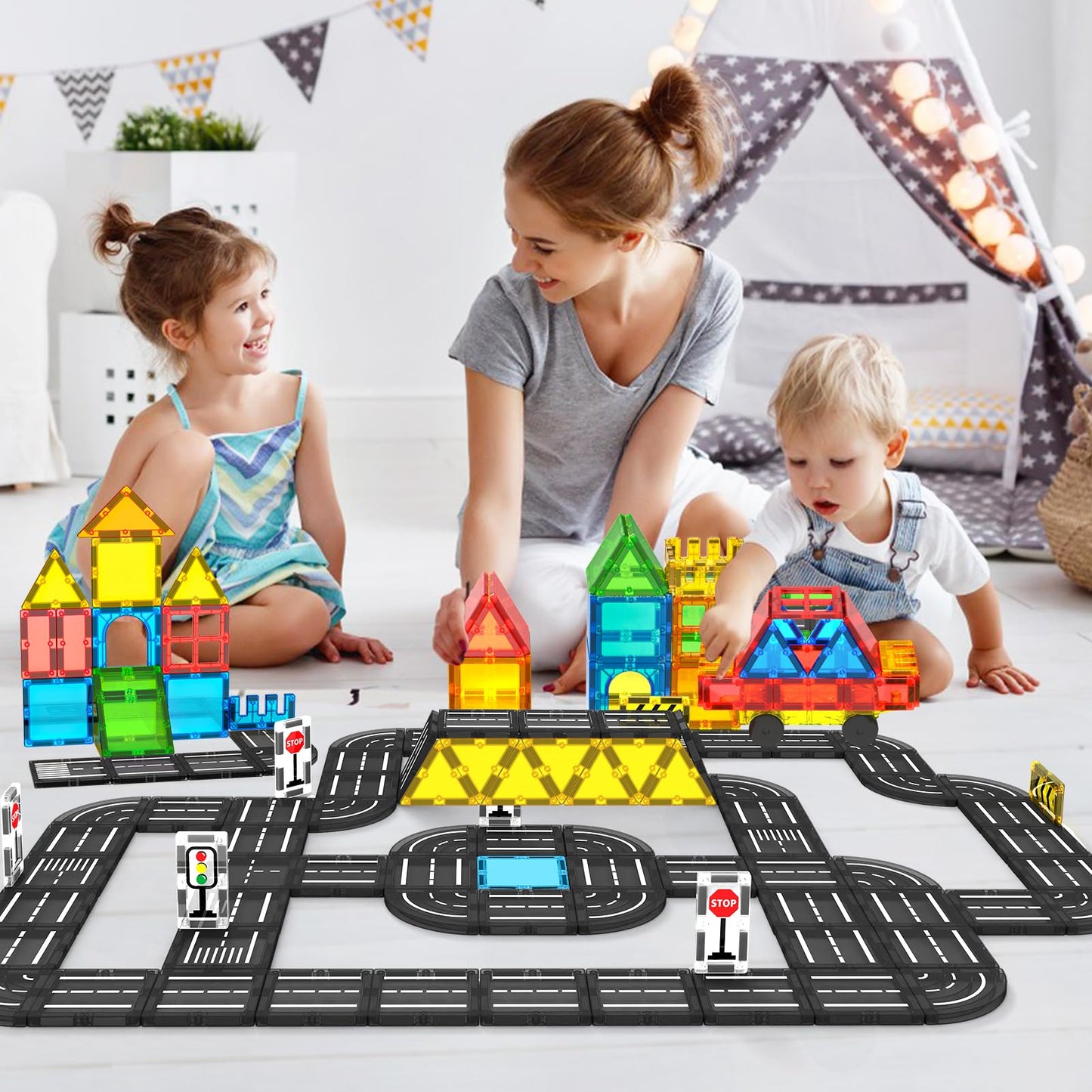 Feoxialy Magnetic Road Tiles Set – STEM & Montessori-Inspired Building Toys for Kids 3+