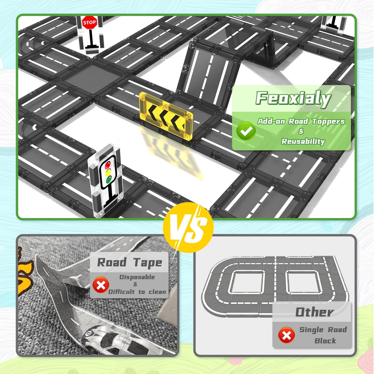 Feoxialy Magnetic Road Tiles Set – STEM & Montessori-Inspired Building Toys for Kids 3+