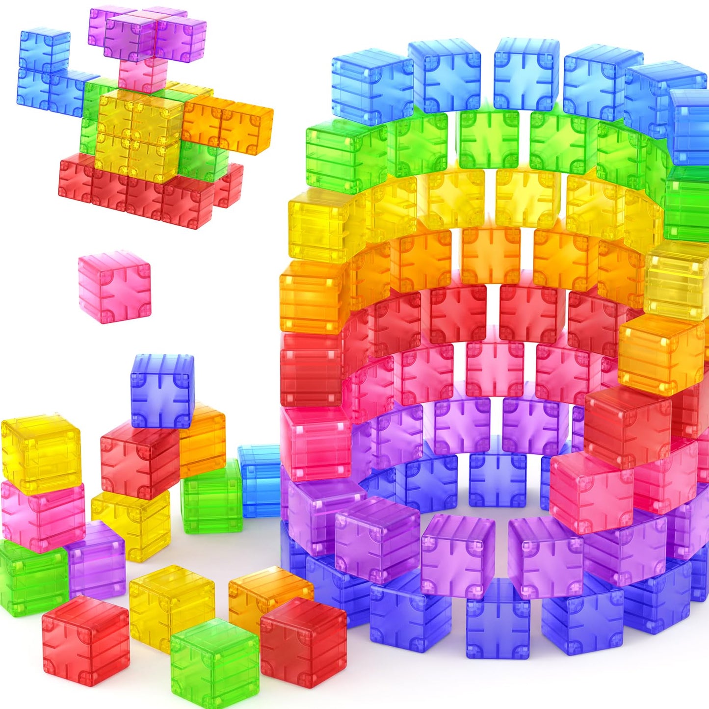 Feoxialy Magnetic Blocks - 52pc Translucent Rainbow Cubes for STEM Play (Ages 3+)