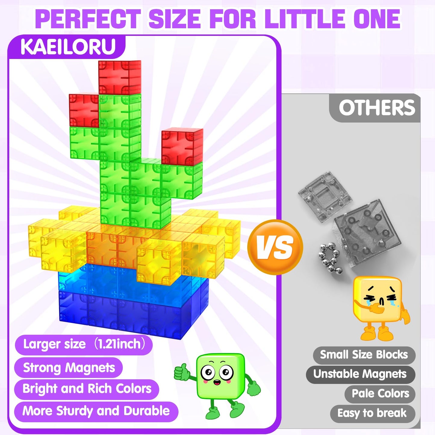 Feoxialy Magnetic Blocks - 52pc Translucent Rainbow Cubes for STEM Play (Ages 3+)