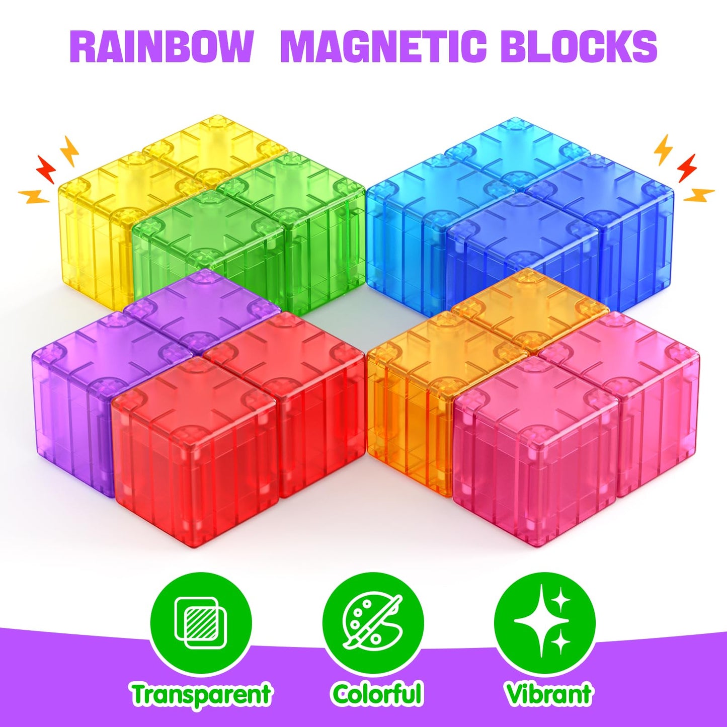 Feoxialy Magnetic Blocks - 52pc Translucent Rainbow Cubes for STEM Play (Ages 3+)