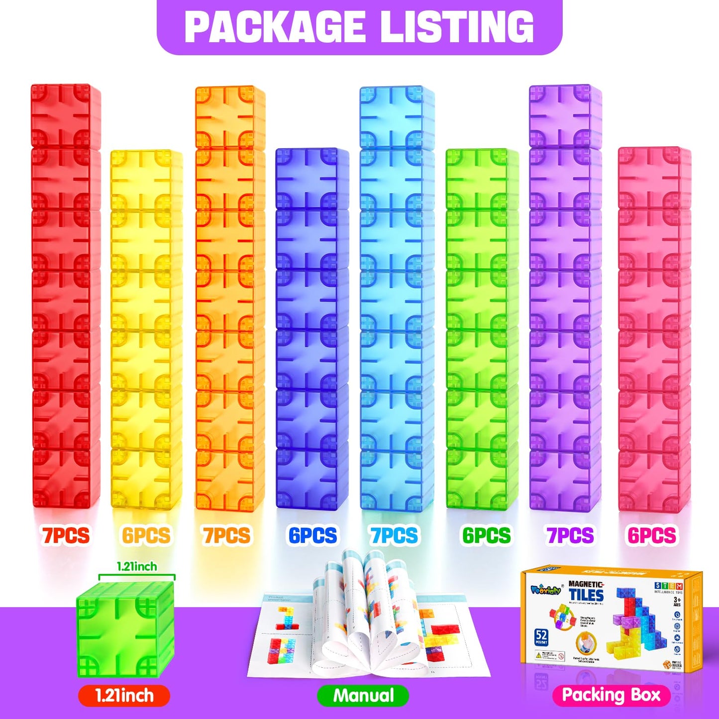 Feoxialy Magnetic Blocks - 52pc Translucent Rainbow Cubes for STEM Play (Ages 3+)