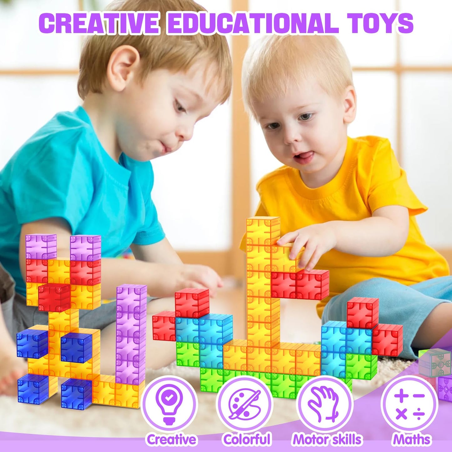 Feoxialy Magnetic Blocks - 52pc Translucent Rainbow Cubes for STEM Play (Ages 3+)