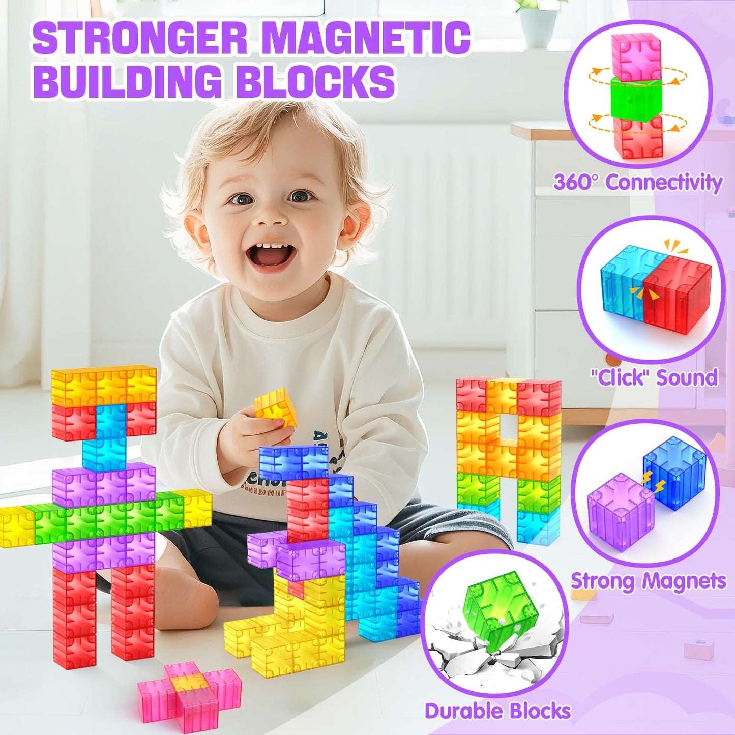 Feoxialy Magnetic Blocks - 52pc Translucent Rainbow Cubes for STEM Play (Ages 3+)