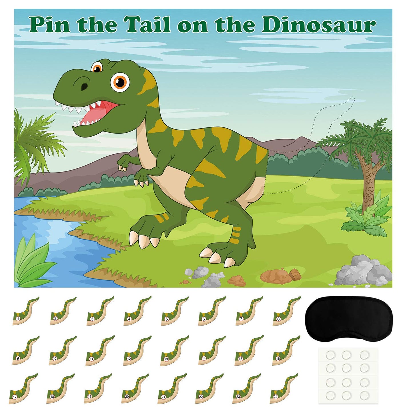FEPITO Pin the Tail on the Dinosaur Game – 24 Tails Party Kit