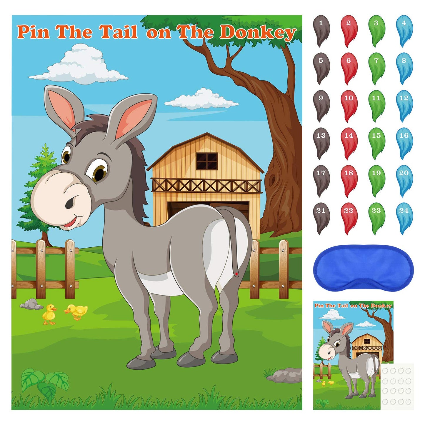 FEPITO Pin the Tail on the Donkey Party Game with 24 Tails – Kids Birthday Carnival Decor