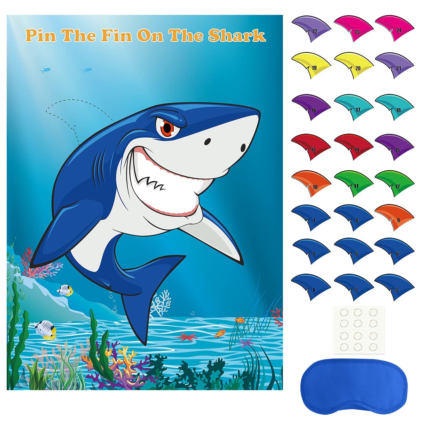 FEPITO Pin the Fin on the Shark Game – 24 Fins for Shark Birthday Party Decoration