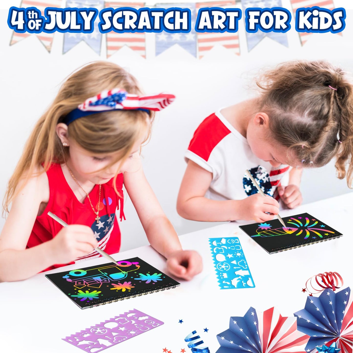 FEREDO KIDS Rainbow Scratch Art Notebooks — 24-Pack Party Favors for 4th of July, Kids Crafts