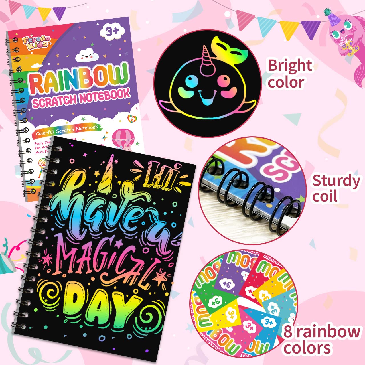 FEREDO KIDS Scratch Art 64-Pack Rainbow Notebooks – Mess-Free Creative Activity for Kids 4-12