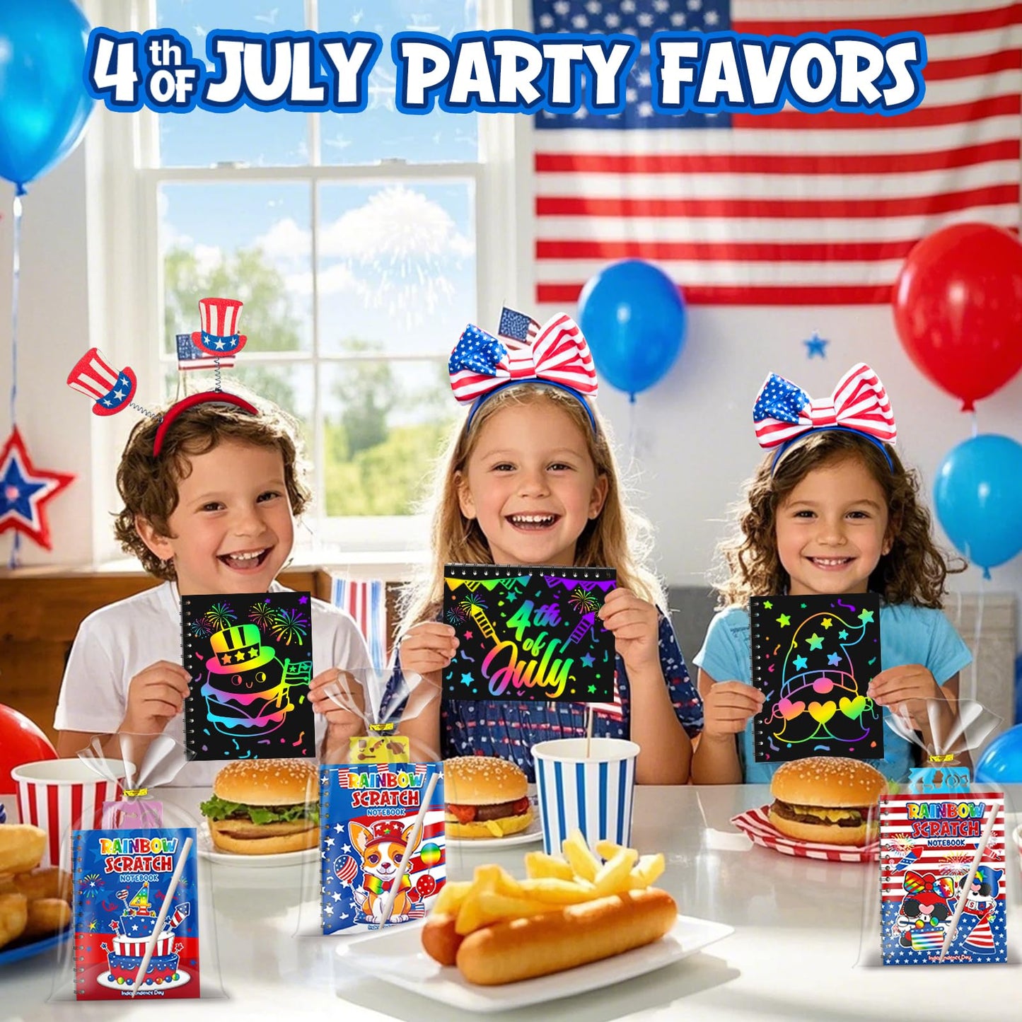 FEREDO KIDS Rainbow Scratch Art Notebooks — 24-Pack Party Favors for 4th of July, Kids Crafts