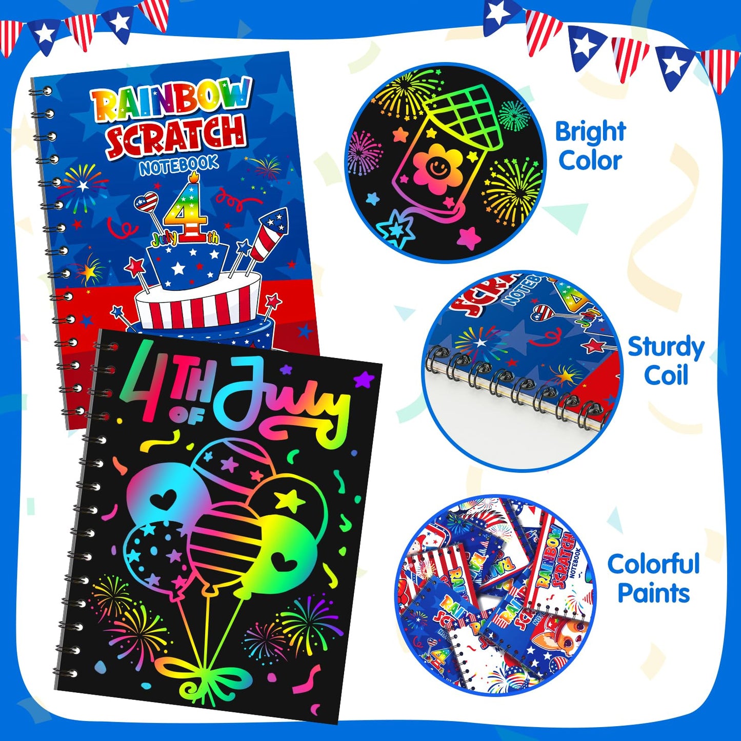 FEREDO KIDS Rainbow Scratch Art Notebooks — 24-Pack Party Favors for 4th of July, Kids Crafts