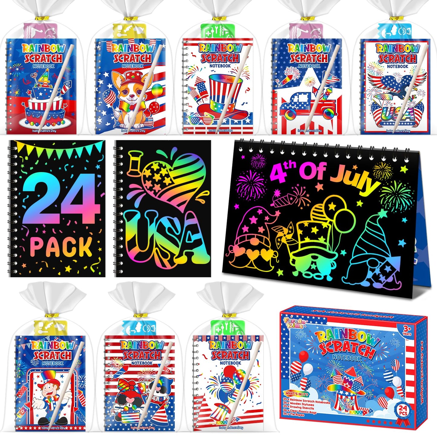 FEREDO KIDS Rainbow Scratch Art Notebooks — 24-Pack Party Favors for 4th of July, Kids Crafts