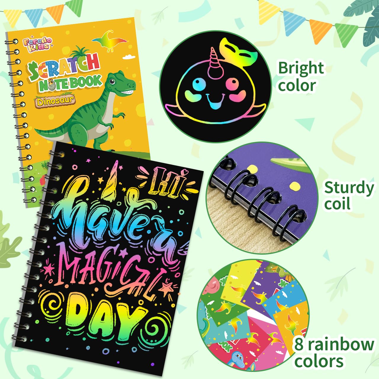 FEREDO KIDS Scratch Art Set – 24 Rainbow Dinosaur Notebooks with Stencils & Styluses