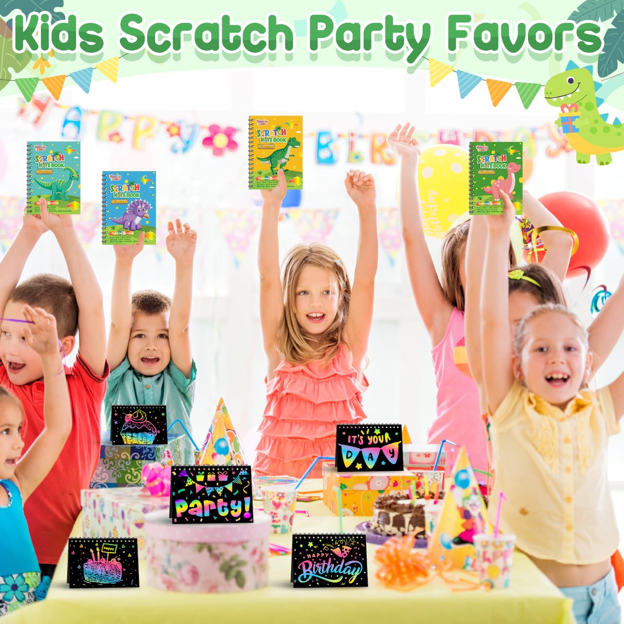 FEREDO KIDS Scratch Art Set – 24 Rainbow Dinosaur Notebooks with Stencils & Styluses