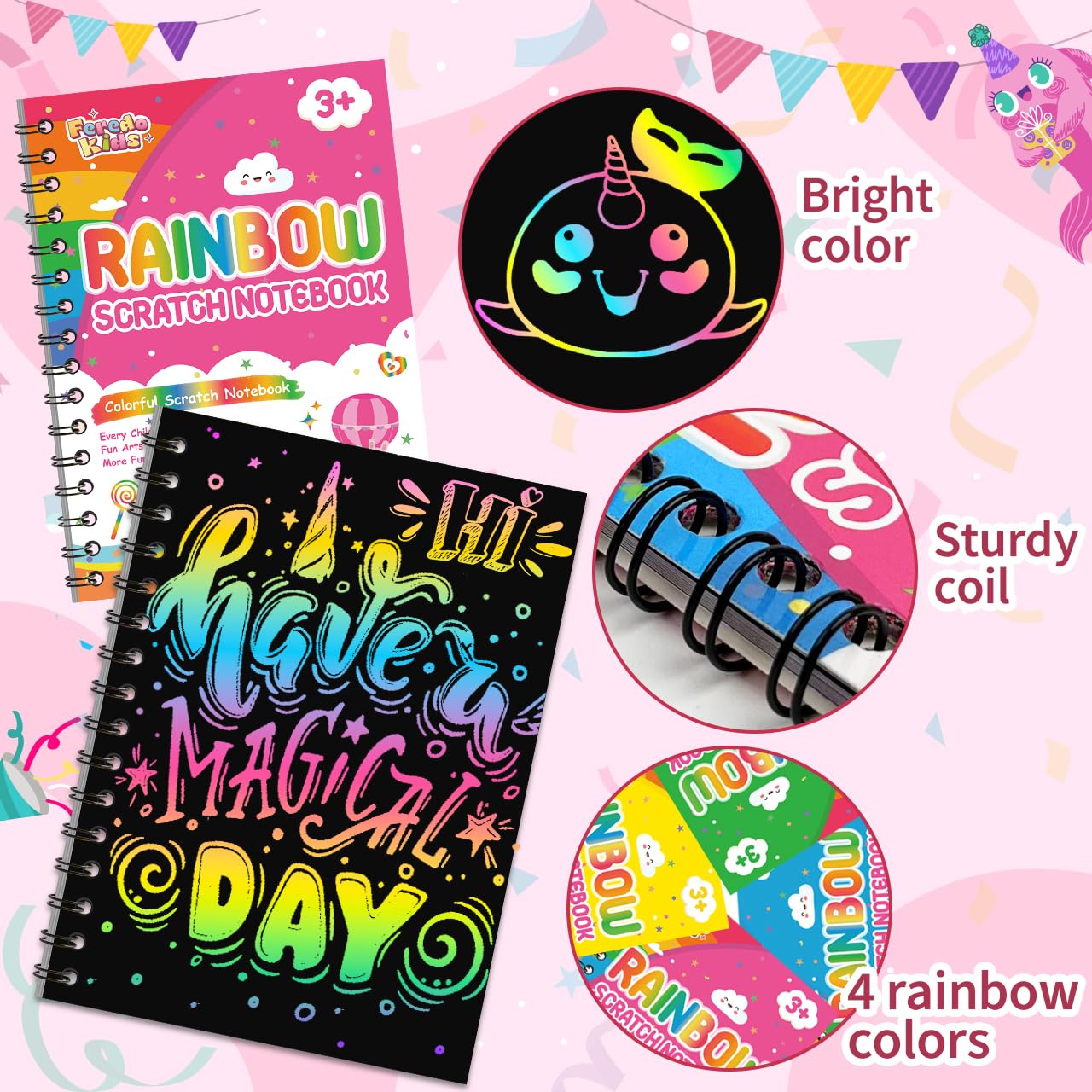 FEREDO KIDS Scratch Art 4-Pack Rainbow Notebooks – Mess-Free Creative Favors